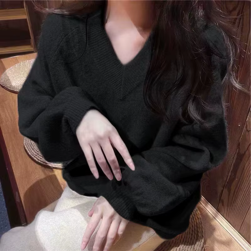 Pull de couleur unie à col en v pour femmes, automne et hiver, pull doux et gluant, Base tricotée, 2