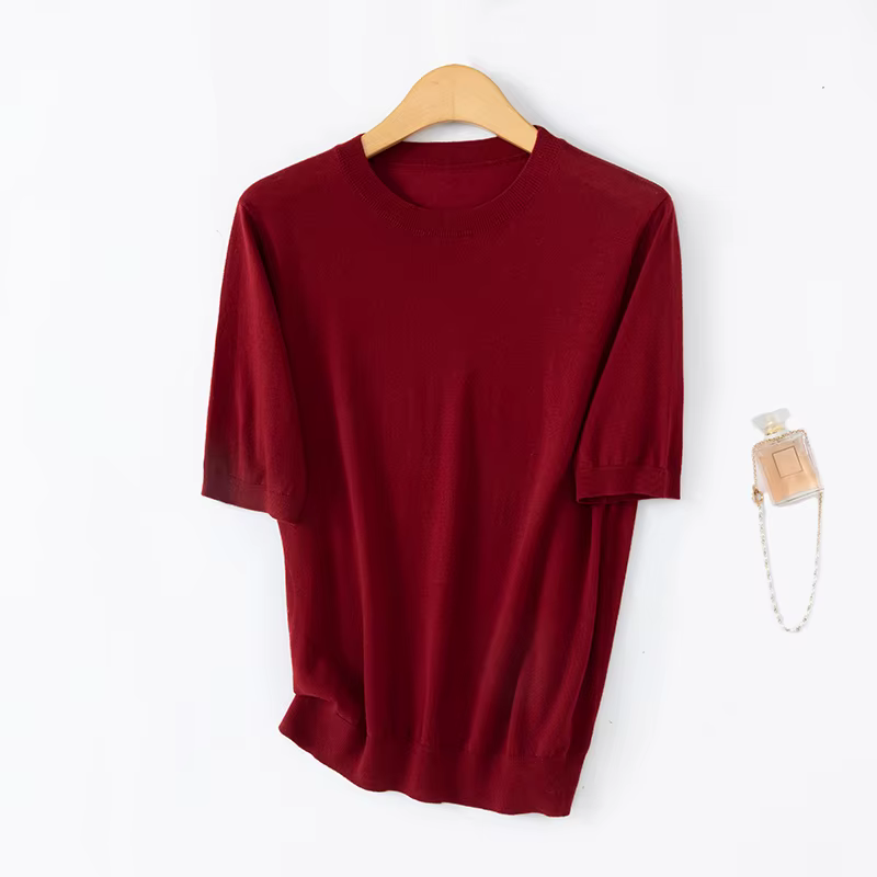 WinvyNee Pull en laine peignée à col rond et manches courtes pour femme, style classique chic léger,