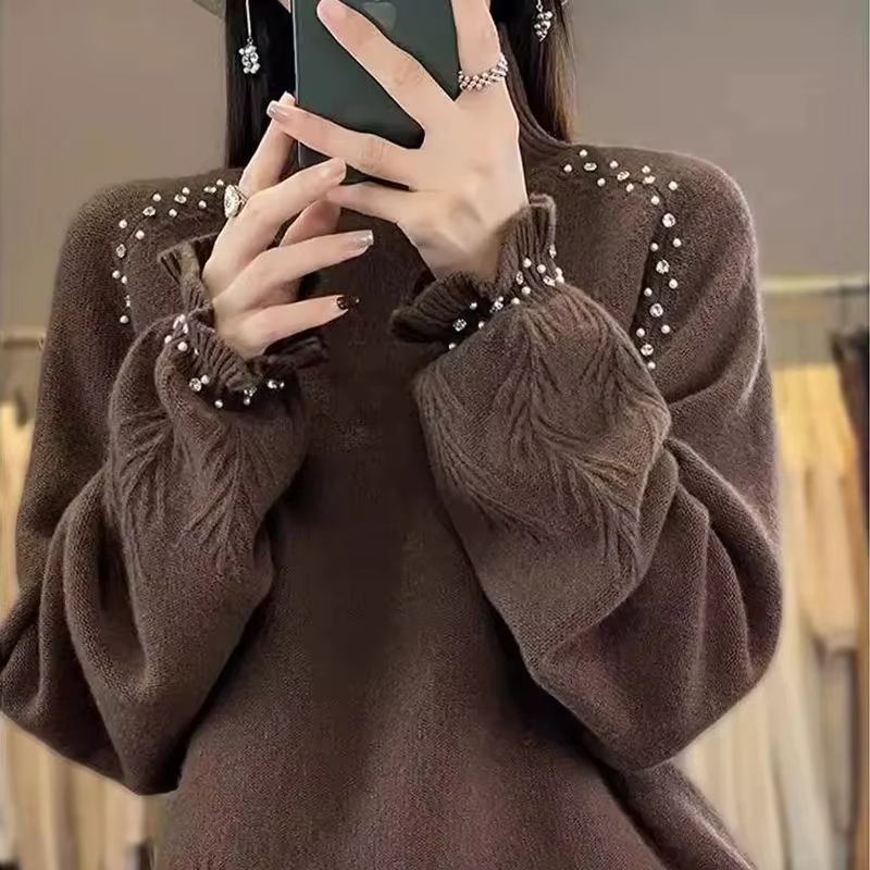 Pull à col roulé pour femmes automne/hiver 2025 Dingzhu industrie lourde lâche nouvelle laine tricot