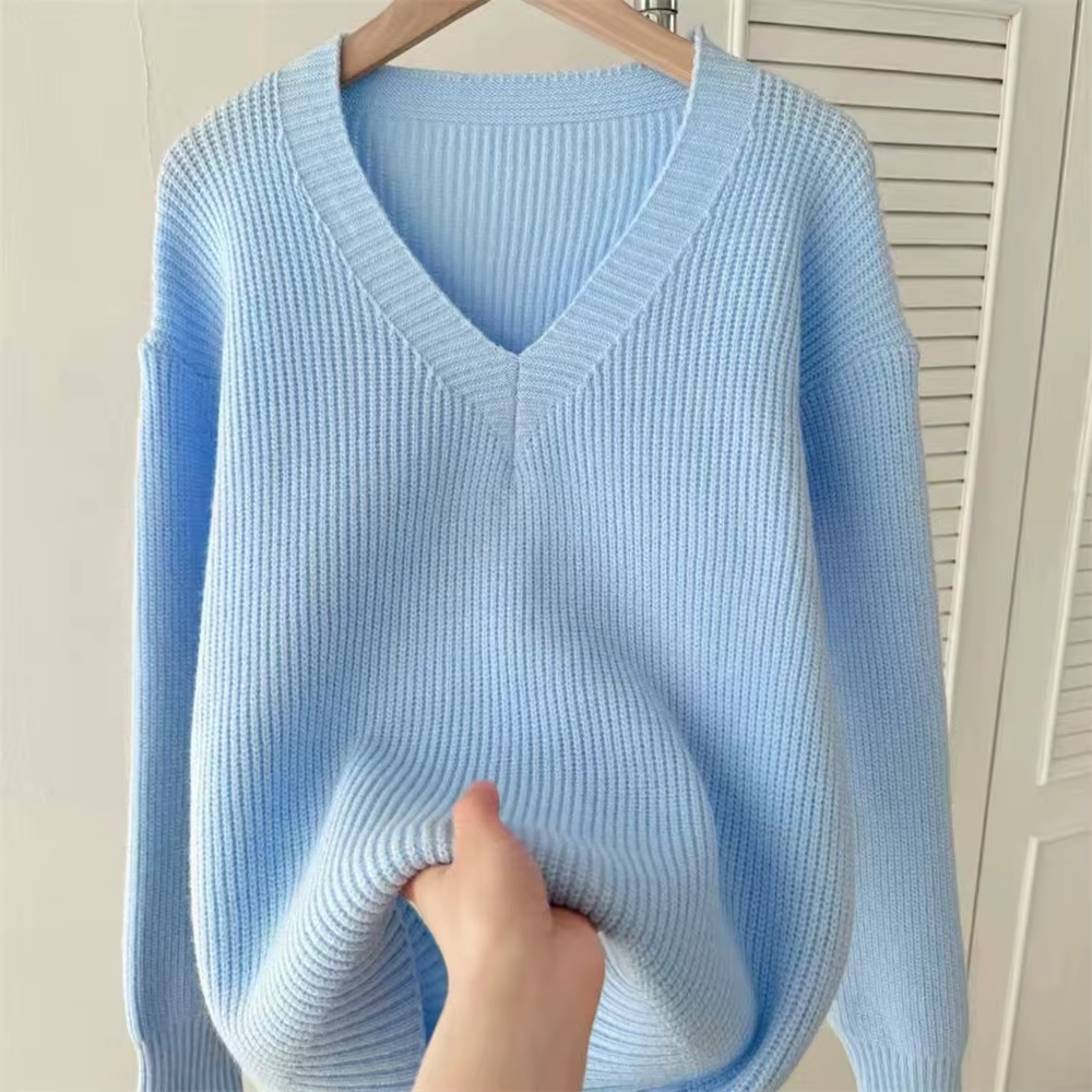 Pull en tricot à col en V pour femme, couleur unie, épais et ample, doux, style vintage, collection 