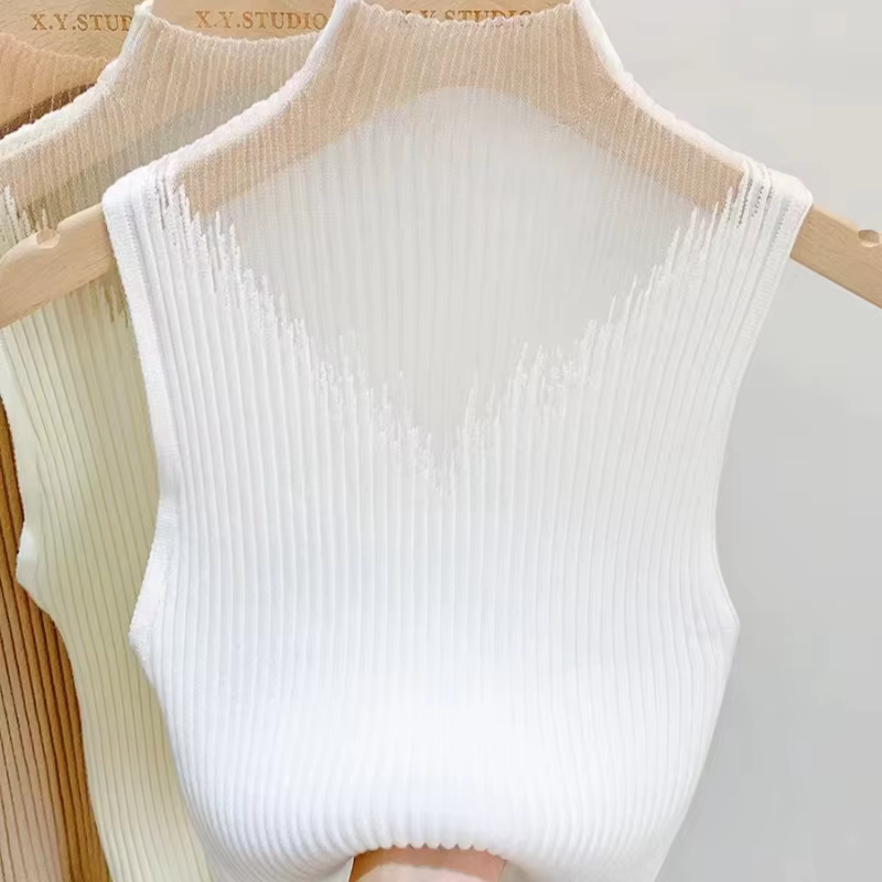 Mesh Knitted Top Women Y2K Tank Top Half Neck Vest Female Sleeveless Sweater Chic Cut Out Streetwear