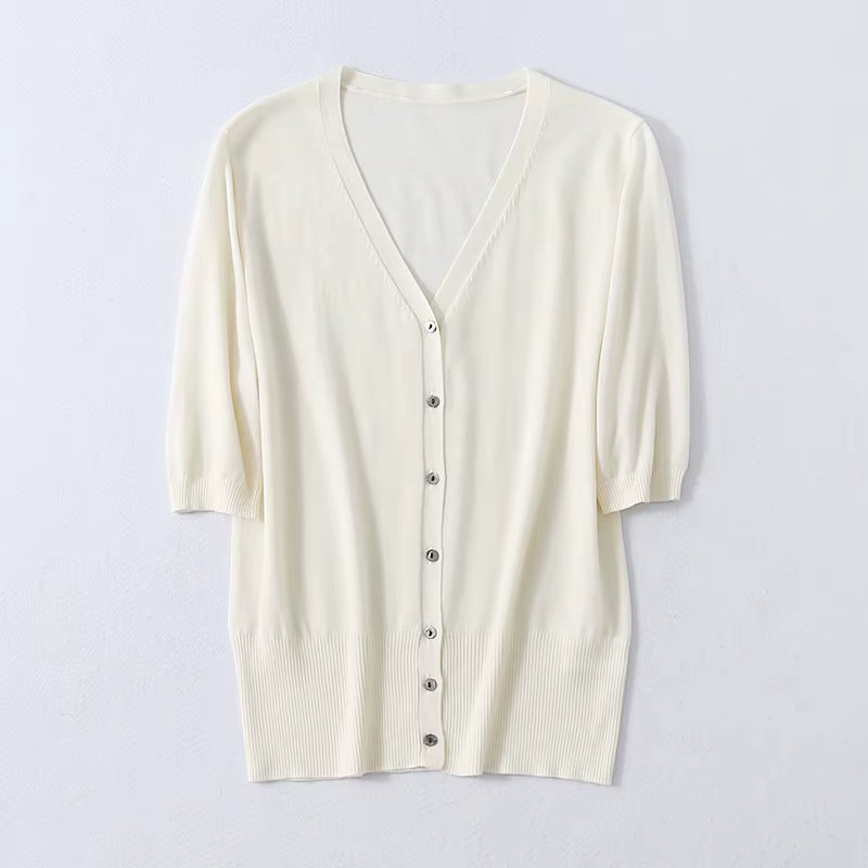 Cardigan à manches courtes et col en v pour femme, 70% soie de mûrier naturelle, 30% coton, tempéram