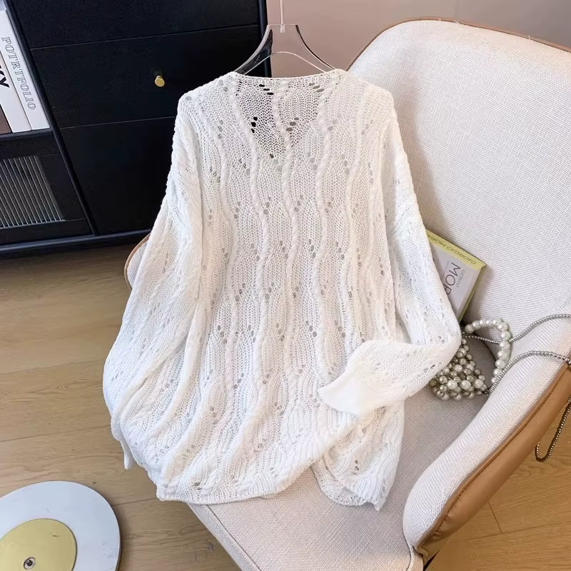 Pull en tricot marron ajouré pour femme, col en V, manches longues, coupe ample et oversize, décontr