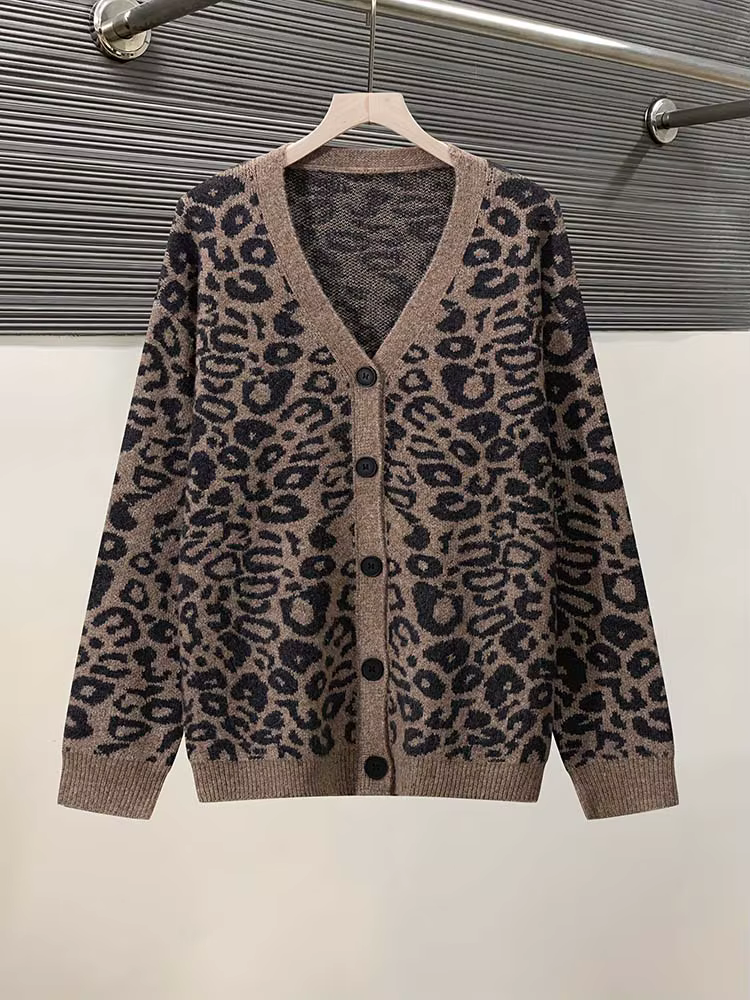 Pull cardigan boutonné à manches longues et col en v pour femme, décontracté, imprimé léopard, à la 