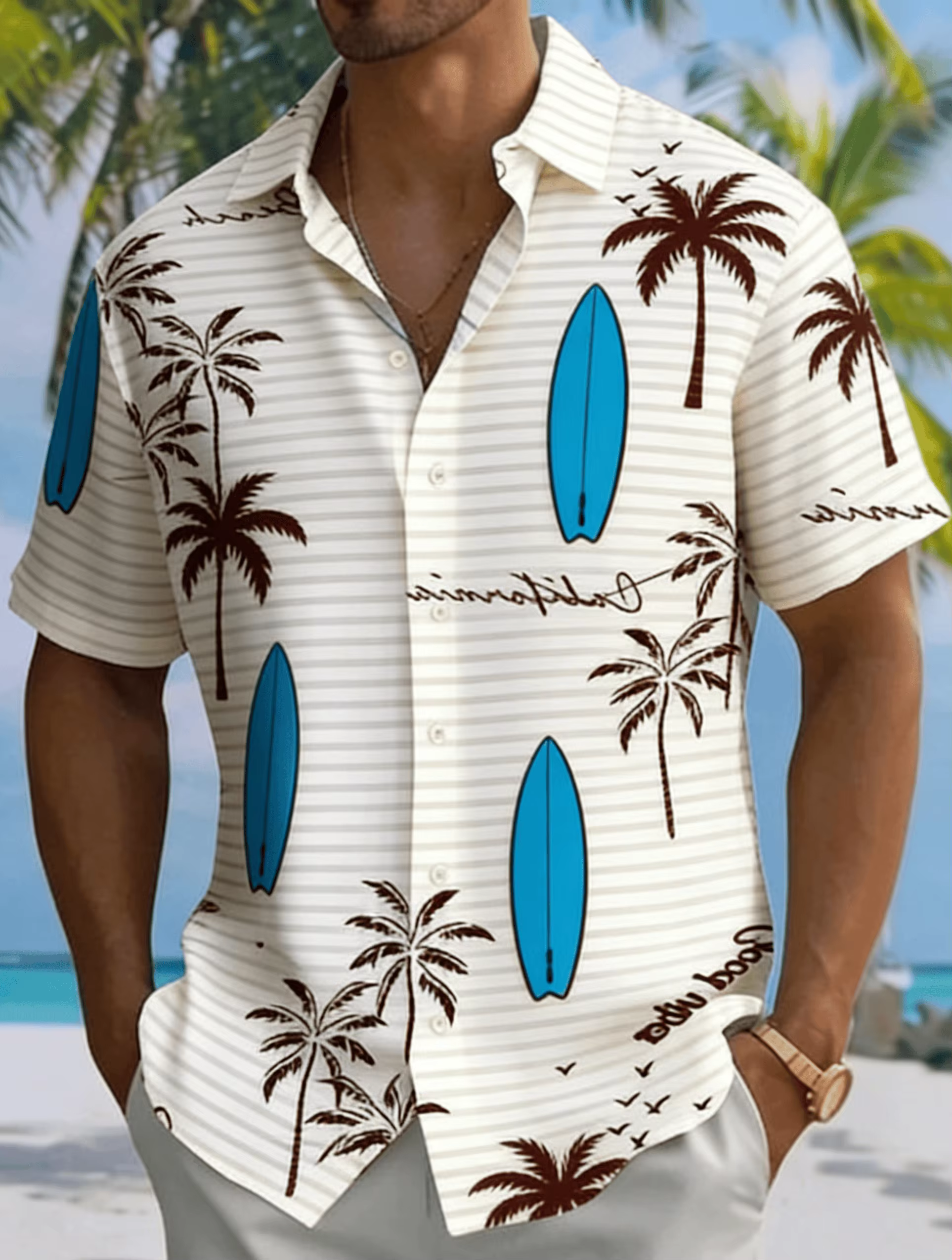 Chemise à manches courtes pour homme avec imprimé cocotier, plage et océan, chemisier décontracté am