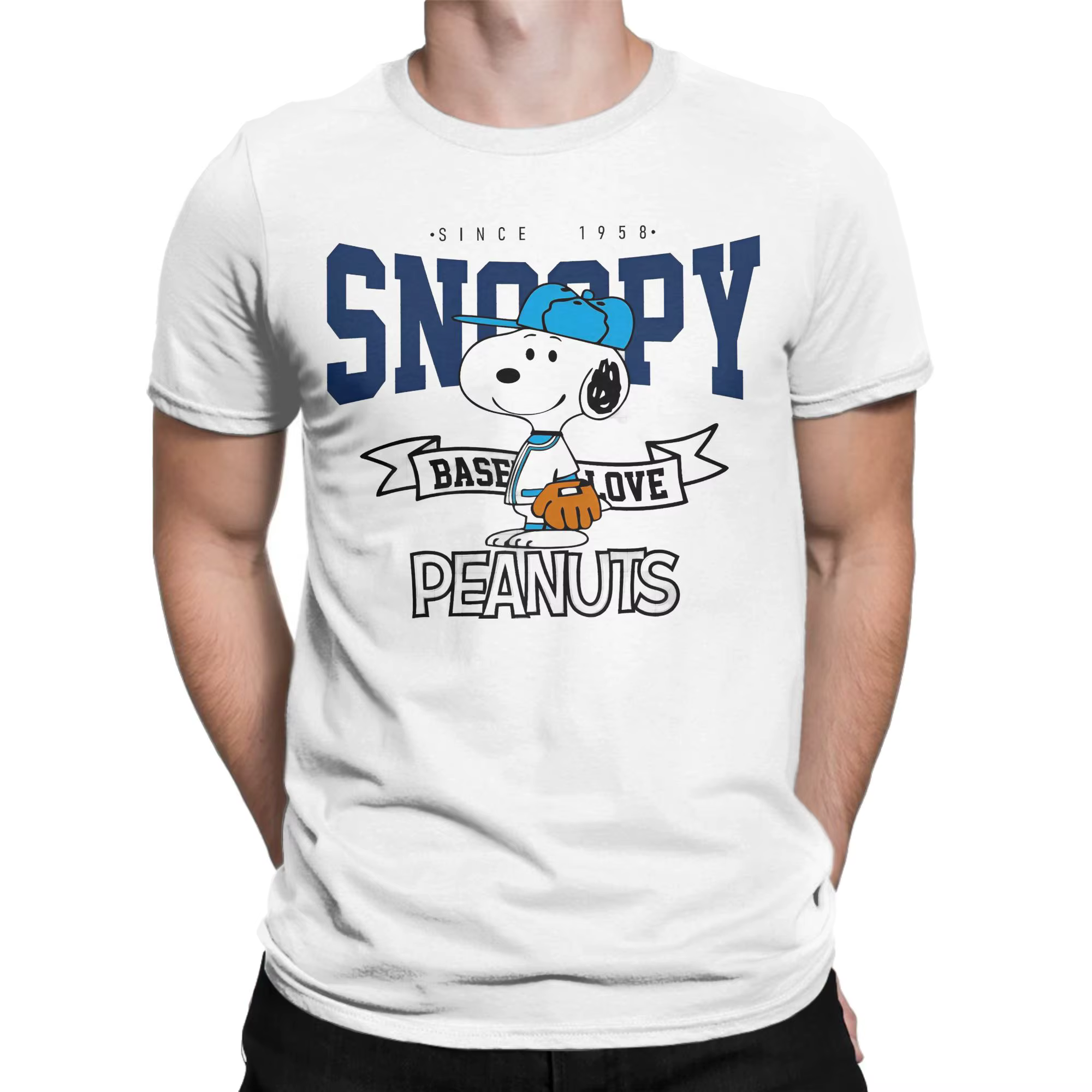 T-shirt imprimé Snoopy depuis 1958 pour hommes, en coton, manches courtes, col rond, haut d'été