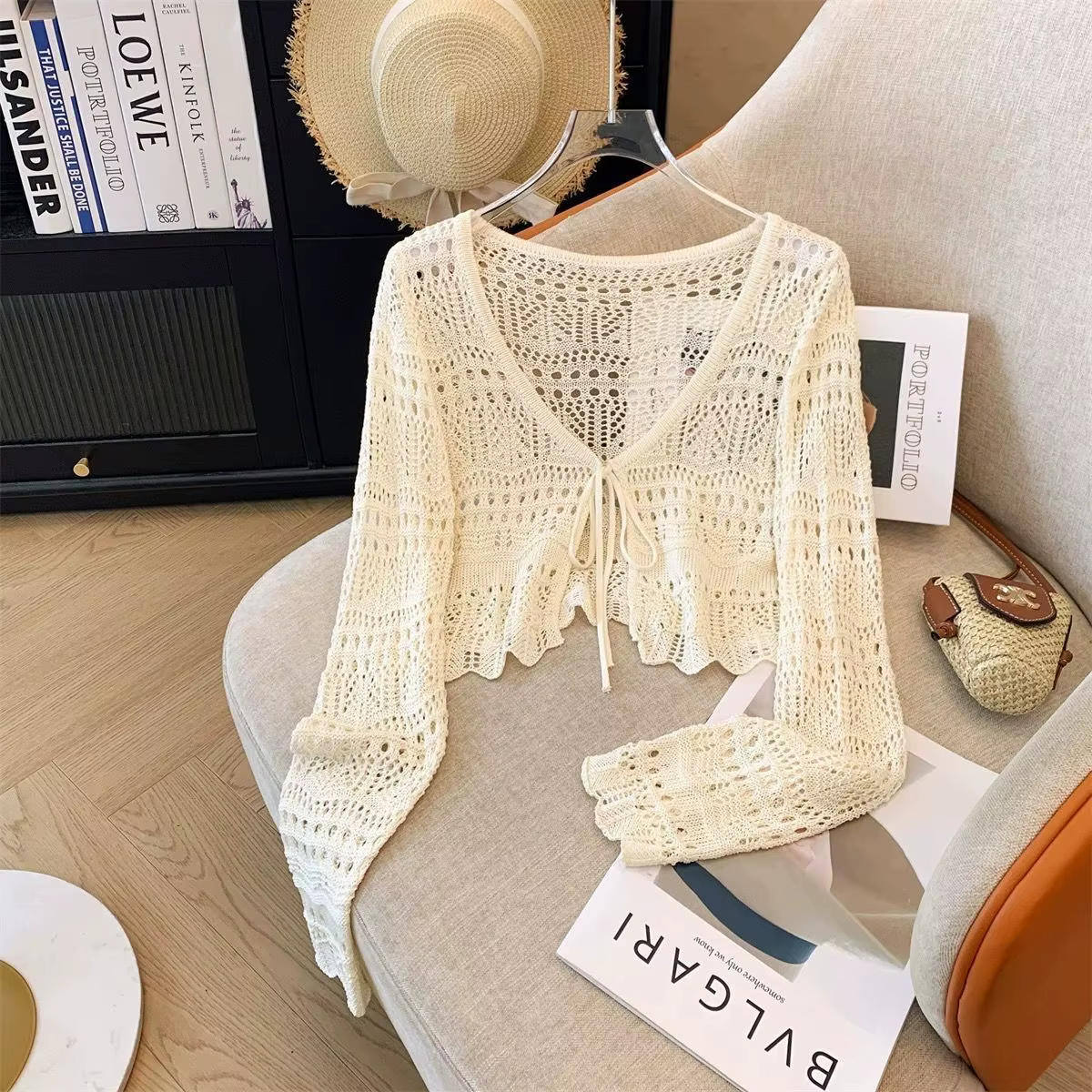 Cardigan tricoté à manches longues pour femme, Style français Mori Girl, ajouré, Crochet, Protection