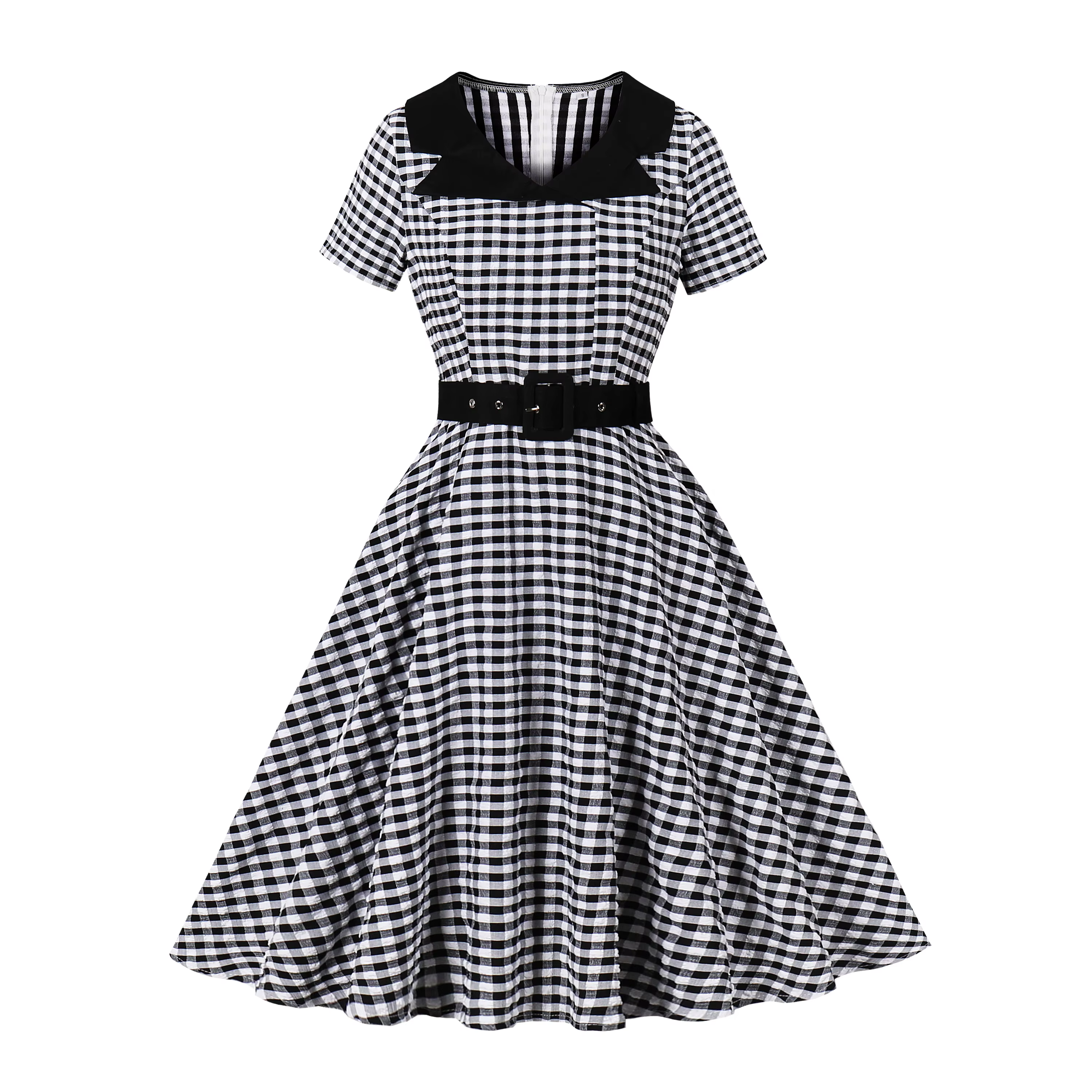 Tonval Vintage col contrasté noir et blanc Plaid femmes élégant ceinturé ourlet évasé Rockabilly rob