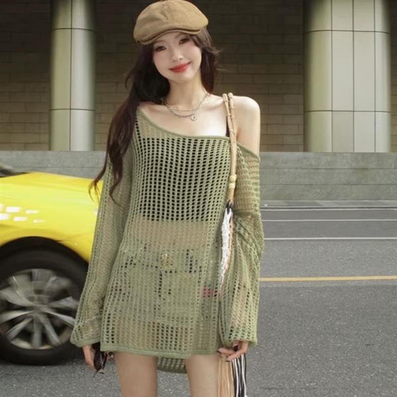 Pulls tricotés à épaules dénudées pour femme, style streetwear Y2K, pulls fins ajourés, vêtements dé