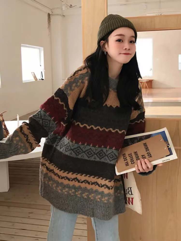 2025 nouveau pull ample Jacquard coréen pour femmes en pull d'automne et d'hiver