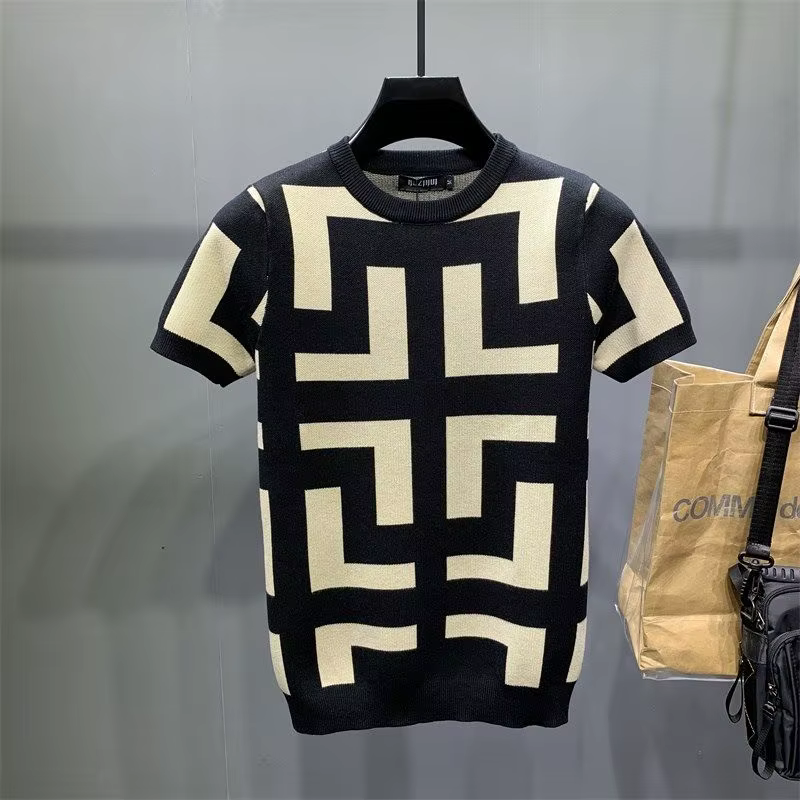 Pull à manches courtes pour hommes, Slim, grande taille, Jacquard, demi-manches, extensible, beau, à
