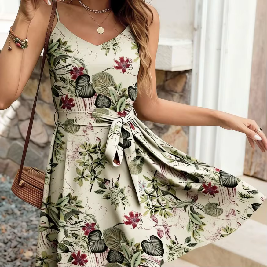 Robe élégante sans bretelles pour femme, col en V, imprimé floral, avec taille froncée.