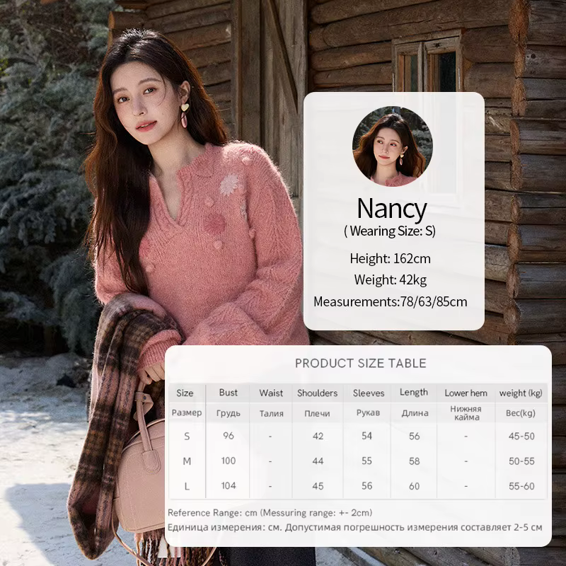 MISHOW femmes framboise rose laine mélange pull 2025 hiver français Floral Pom-Pom brodé col en v ha