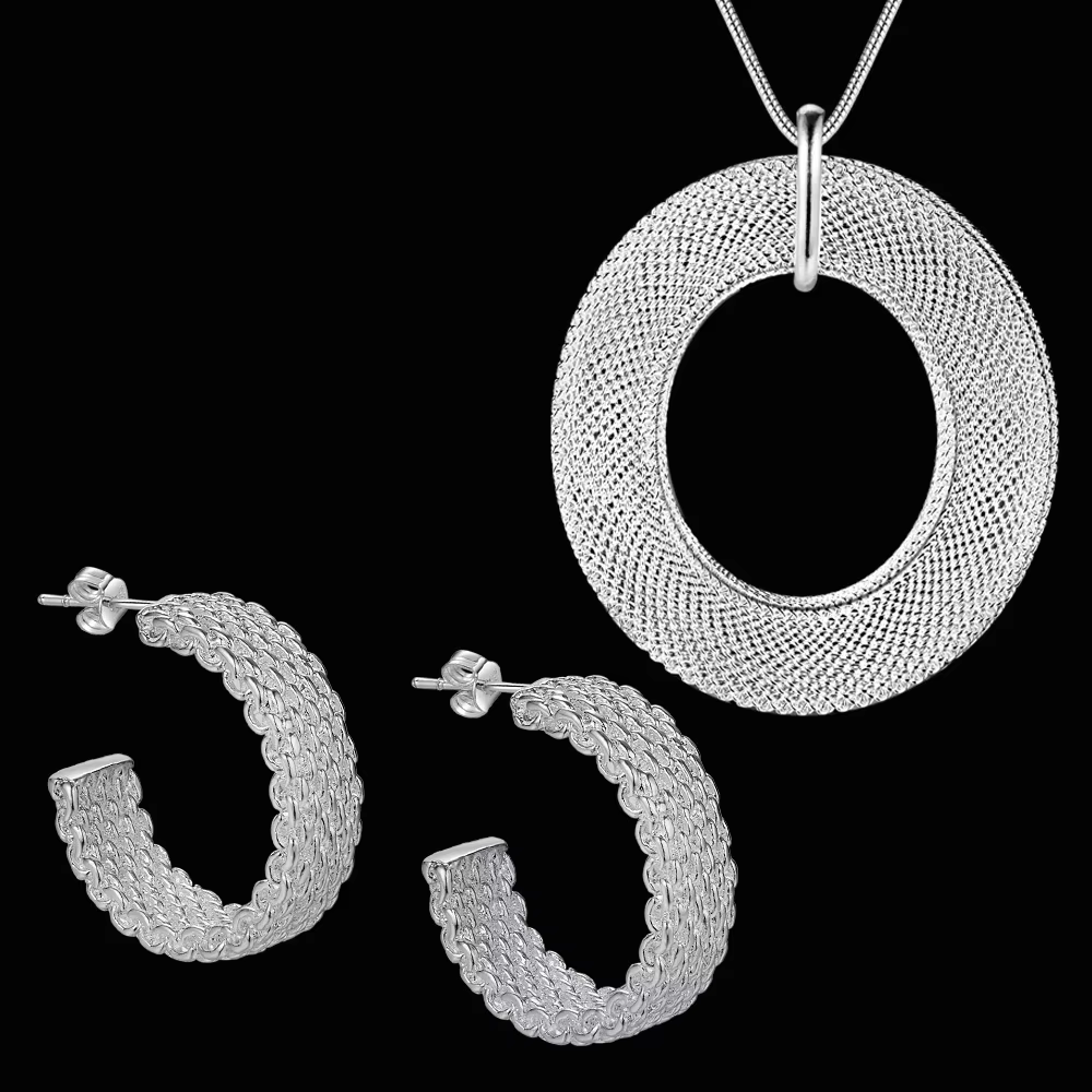 Collier et boucles d'oreilles en argent Sterling 925 pour femmes, pendentif en maille fine, à la mod