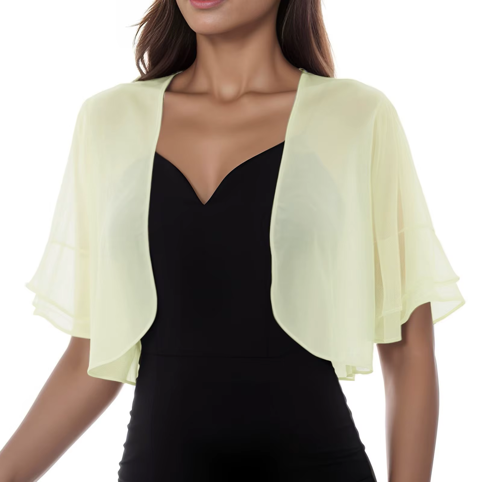 Cardigan en mousseline de soie pour femmes, ouvert sur le devant, manches à volants, boléro transpar