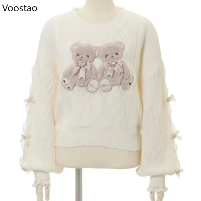Sweet Lolita Cartoon Plush Bear Bunny Pullovers pour femmes, Harajuku Bow, Pearl Ribbon Sweaters, Ja