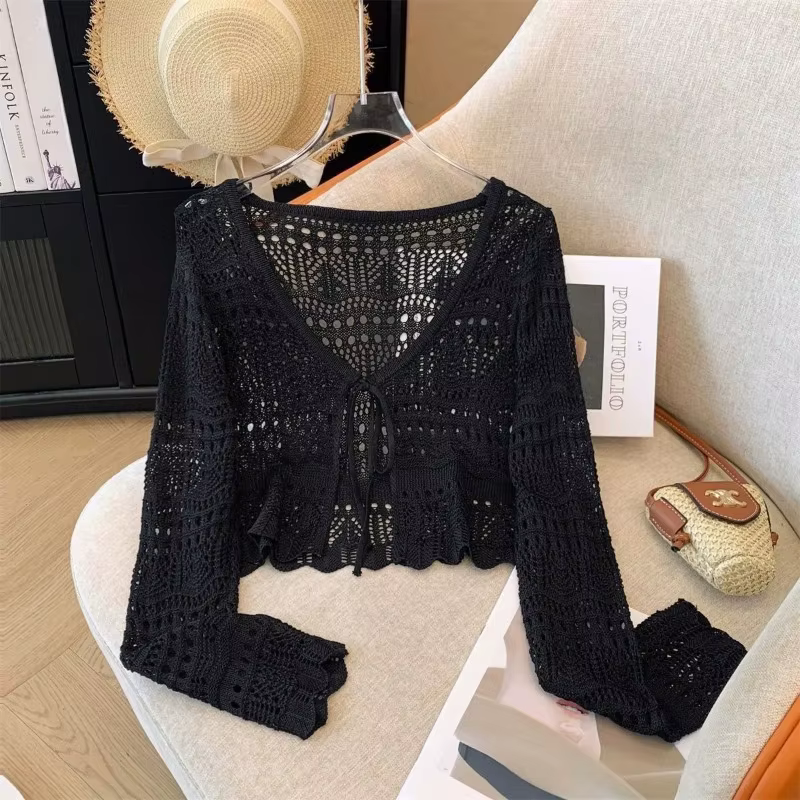 Cardigan Bohème en Crochet Ajoure à Manches Longues, Veste Courte en Tricot à Nouer sur le Devant, C