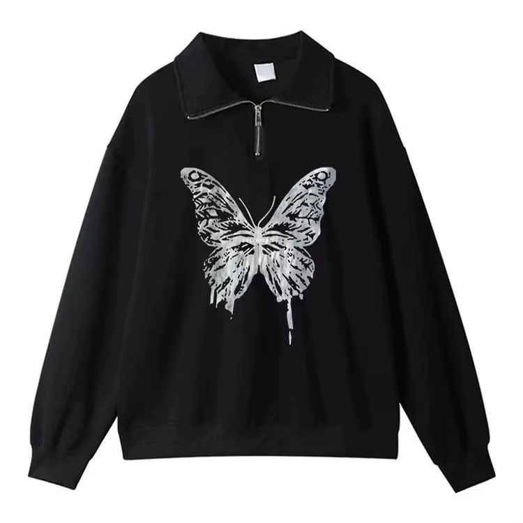 Sweat-shirt demi-fermeture éclair pour femmes, automne et hiver, en velours, rétro américain, ample,