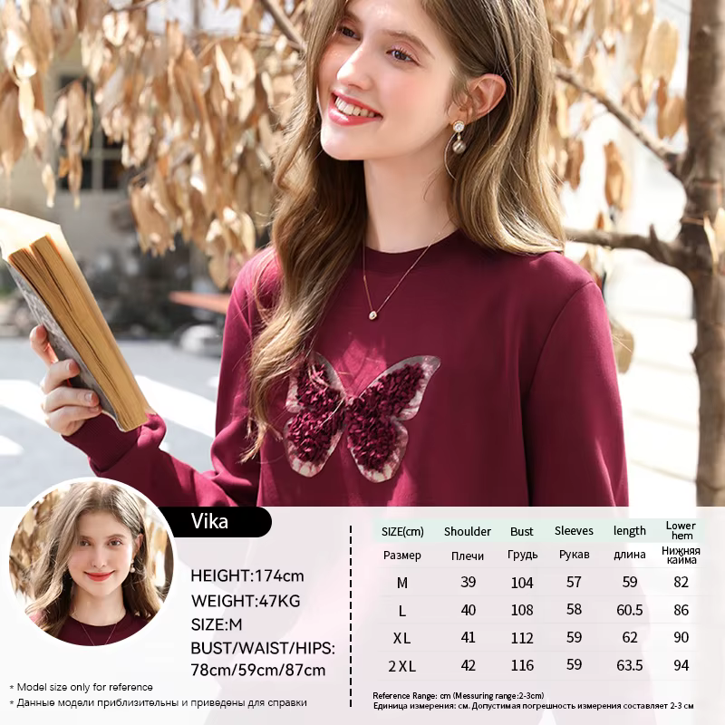 Je crois vous sweat-shirt rouge femme 2025 automne hiver mode tridimensionnel papillon polaire col r