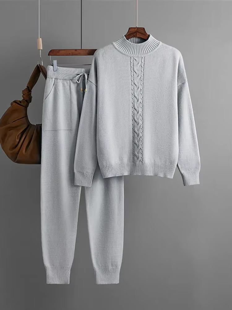 Automne hiver pull 2 pièces ensembles femmes décontracté demi col roulé tricot hauts pullover Conjun