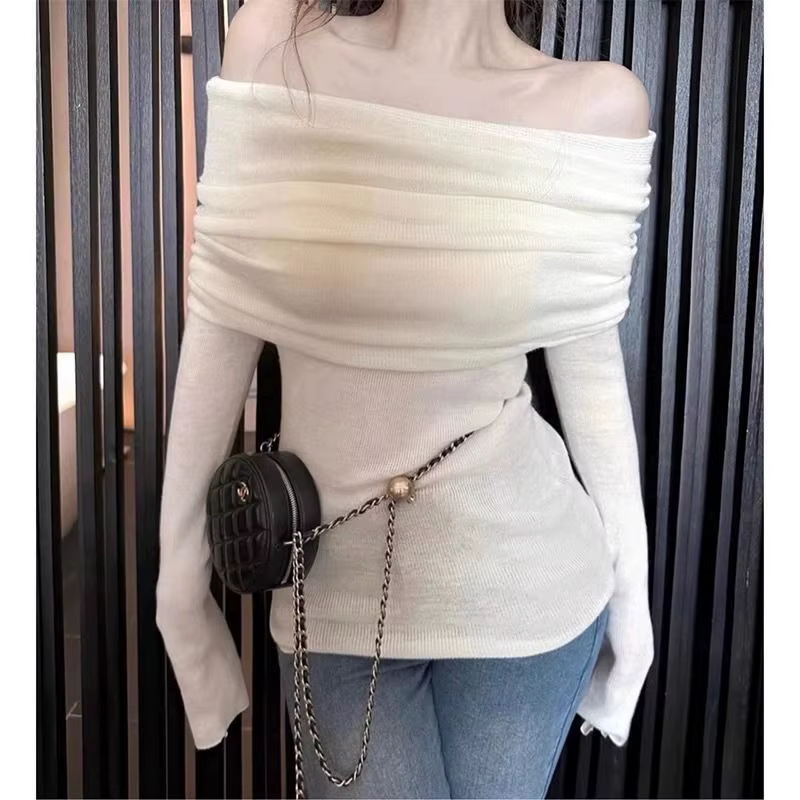 Pull en tricot pour femmes, coupe cintrée, asymétrique épaule dénudée, blanc, vente jeune, tout bon 