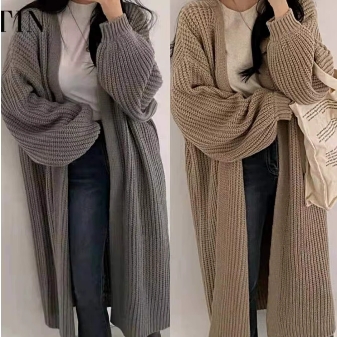 Pull long en tricot pour femme, style décontracté, manches lanternes, style rétro japonais, cardigan