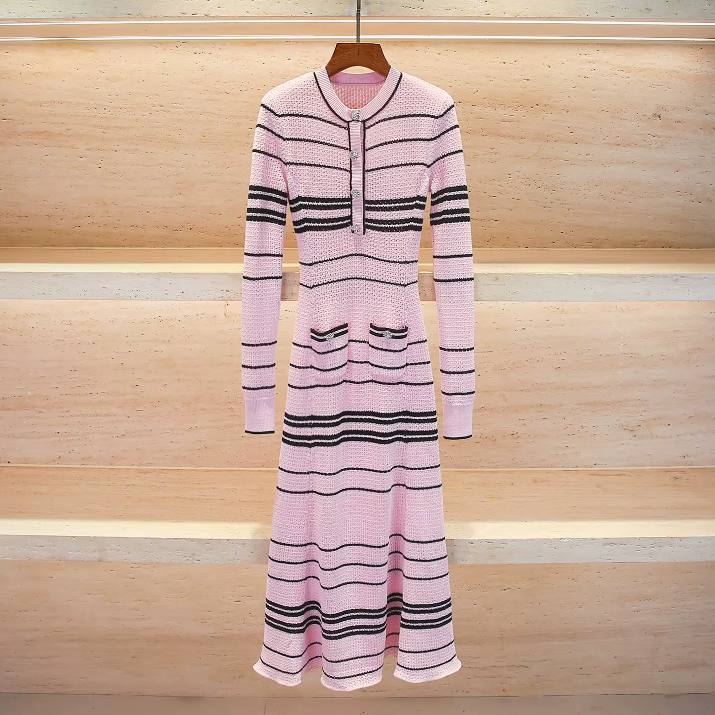 Robe en tricot, élégante robe pour femme à rayures roses et noires, col rond, manches longues, nouve
