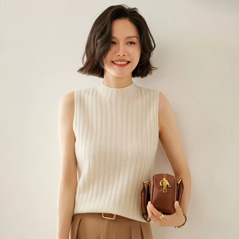 Pull tricoté sans manches en cachemire pour femme, vêtement rayé, col montant, nouvelle collection a