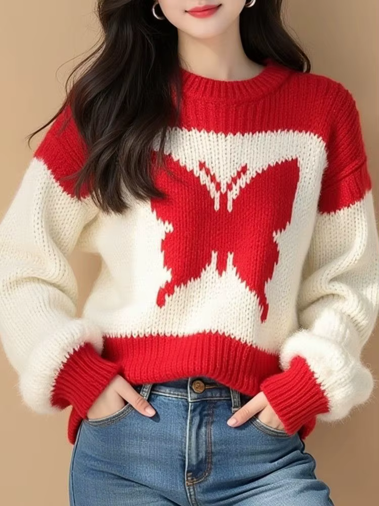 Pull papillon contrasté rouge et blanc pour femmes, à la mode, nouveau Style, haut tricoté intérieur