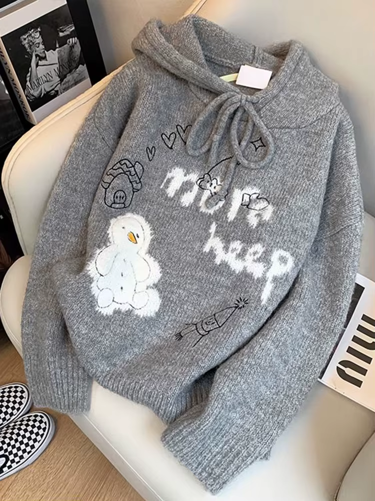 Zoki-Pulls de bonhomme de neige mignons pour femmes, manteau gris paresseux, manteau à capuche avec 