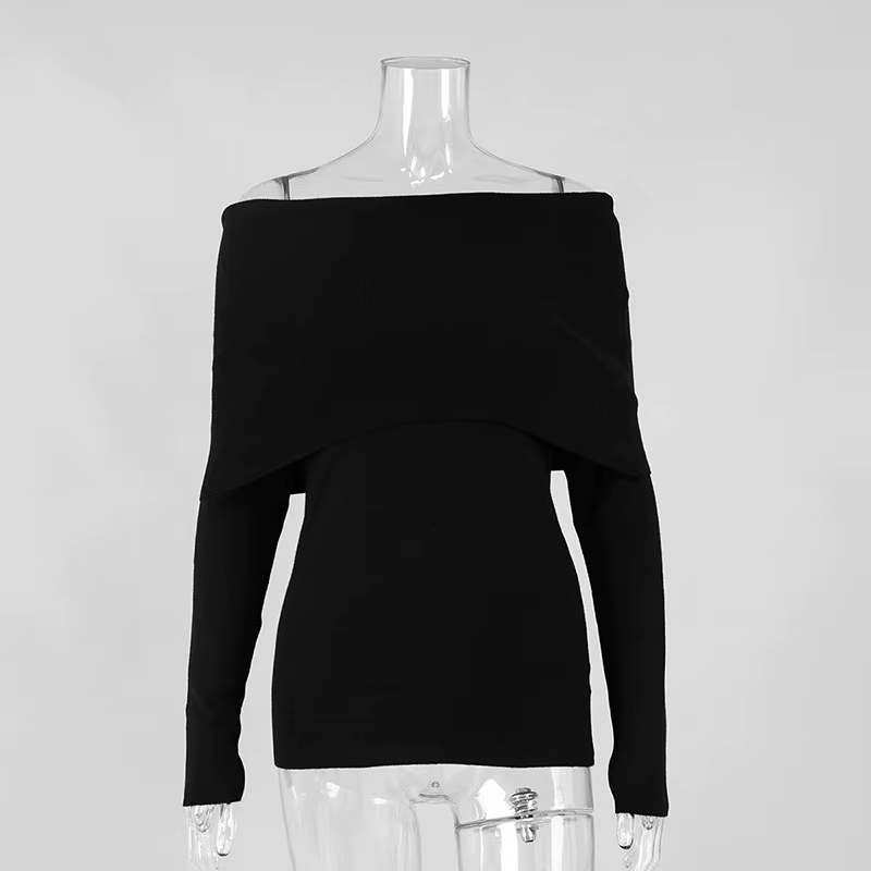 Pull en tricot élégant à col bateau pour femme, sexy, épaules dénudées, manches longues, coupe ajust