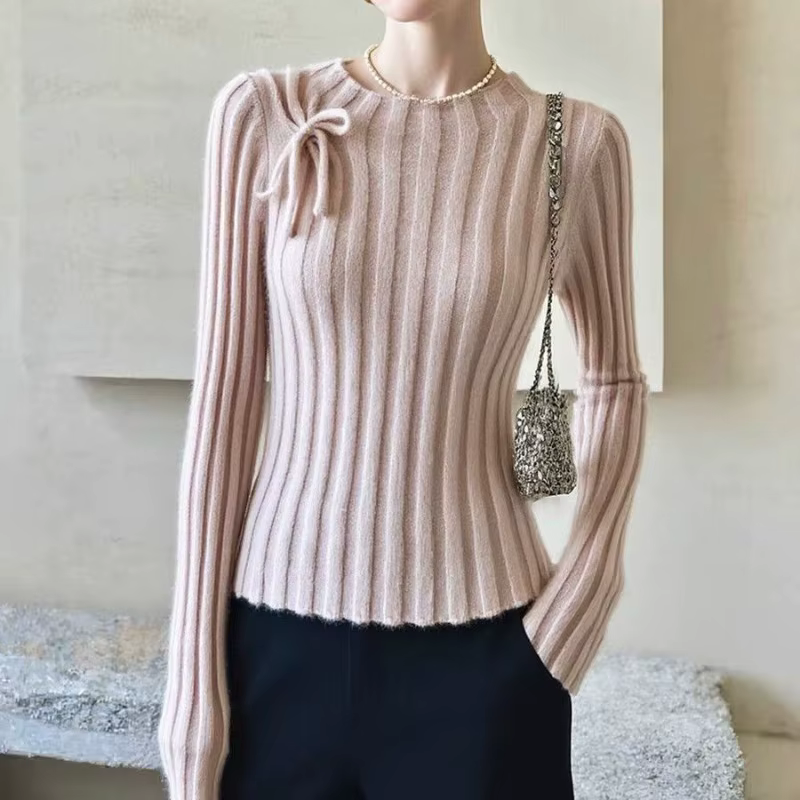 Pull rose à manches longues avec nœud pour femme, automne et hiver