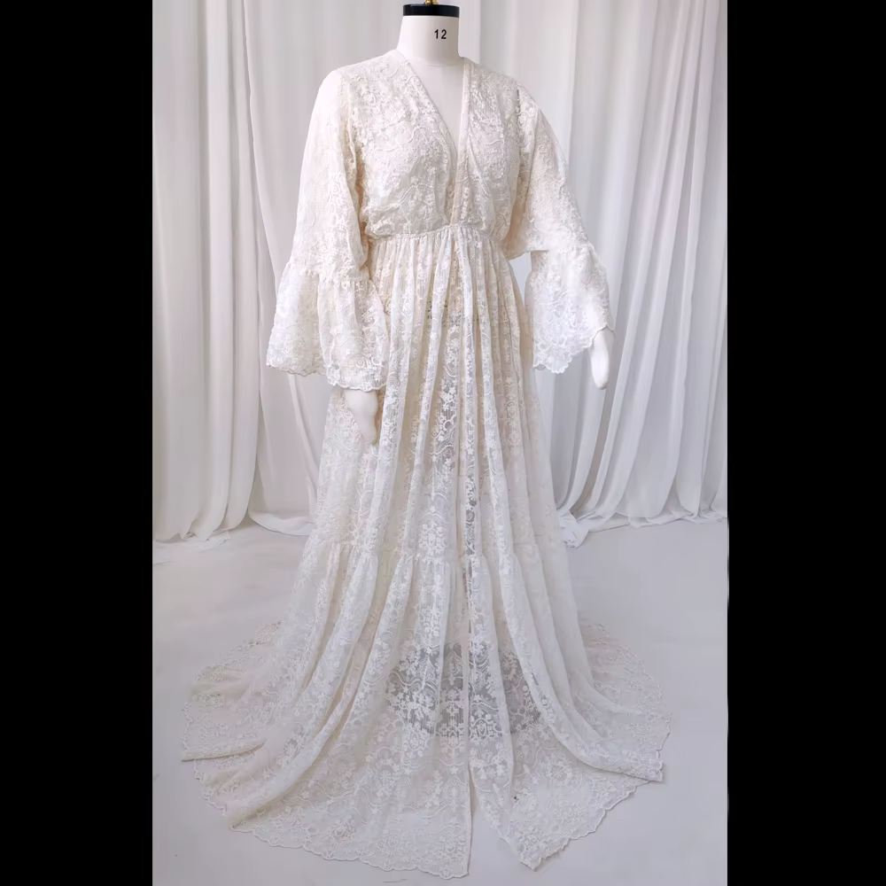 Robe de grossesse bohème pour séance Photo, fil de coton, dentelle brodée, maille transparente, élég