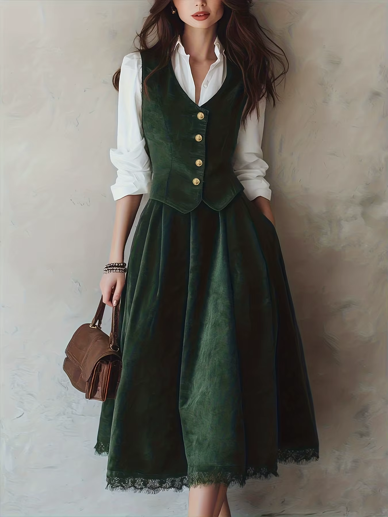 Ensemble gilet et jupe vert tendance pour femme – Collection Printemps-Automne
