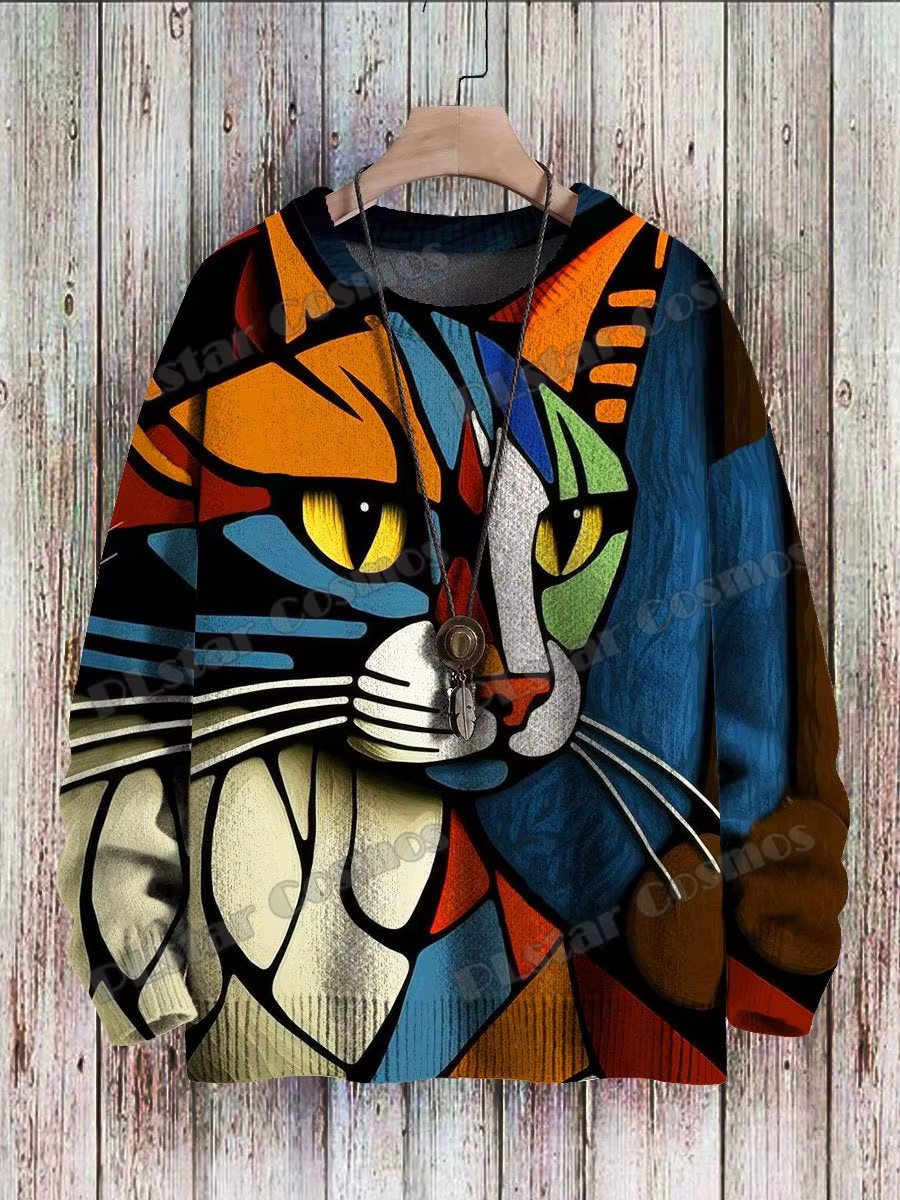 Pull en tricot unisexe avec motif d'art de chat abstrait géométrique mignon imprimé en 3D, pull déco