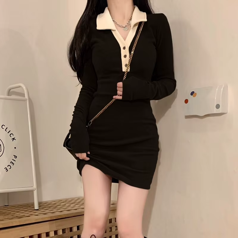 Robe marron française tricotée à col Polo pour femmes, nouvelle jupe Slim aux hanches, automne et hi
