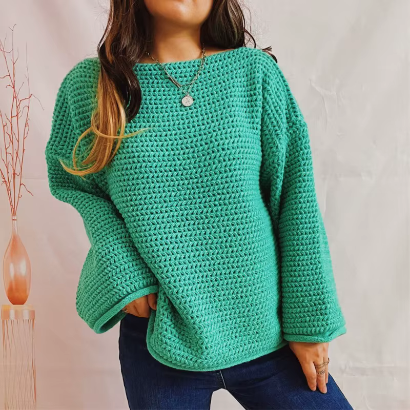 Pull vert tricoté doux pour femme, coupe ample, manches longues, col rond, décontracté, confortable,