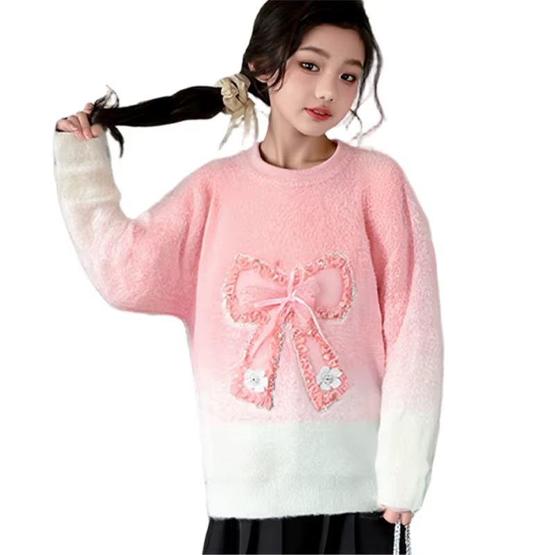 Pull en fourrure de cachemire et de vison pour enfants filles, Style doux, avec nœud, élégant, tenda