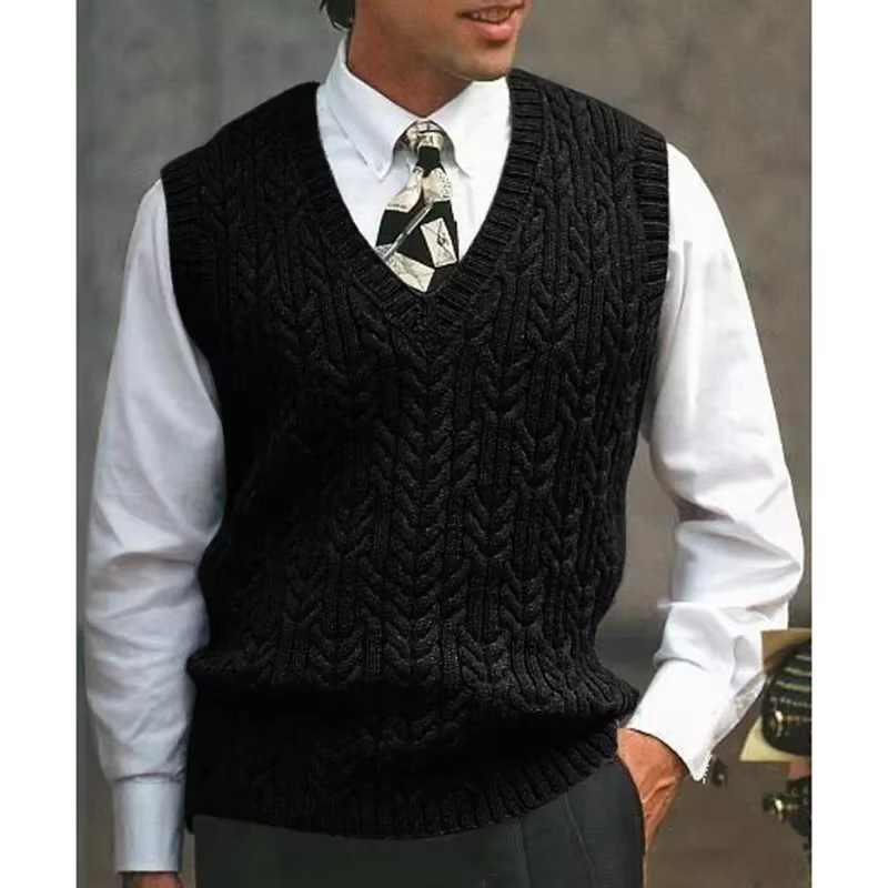 Gilet pull tricoté décontracté chaud pour homme, col en V, sans manches, en polaire, style occidenta