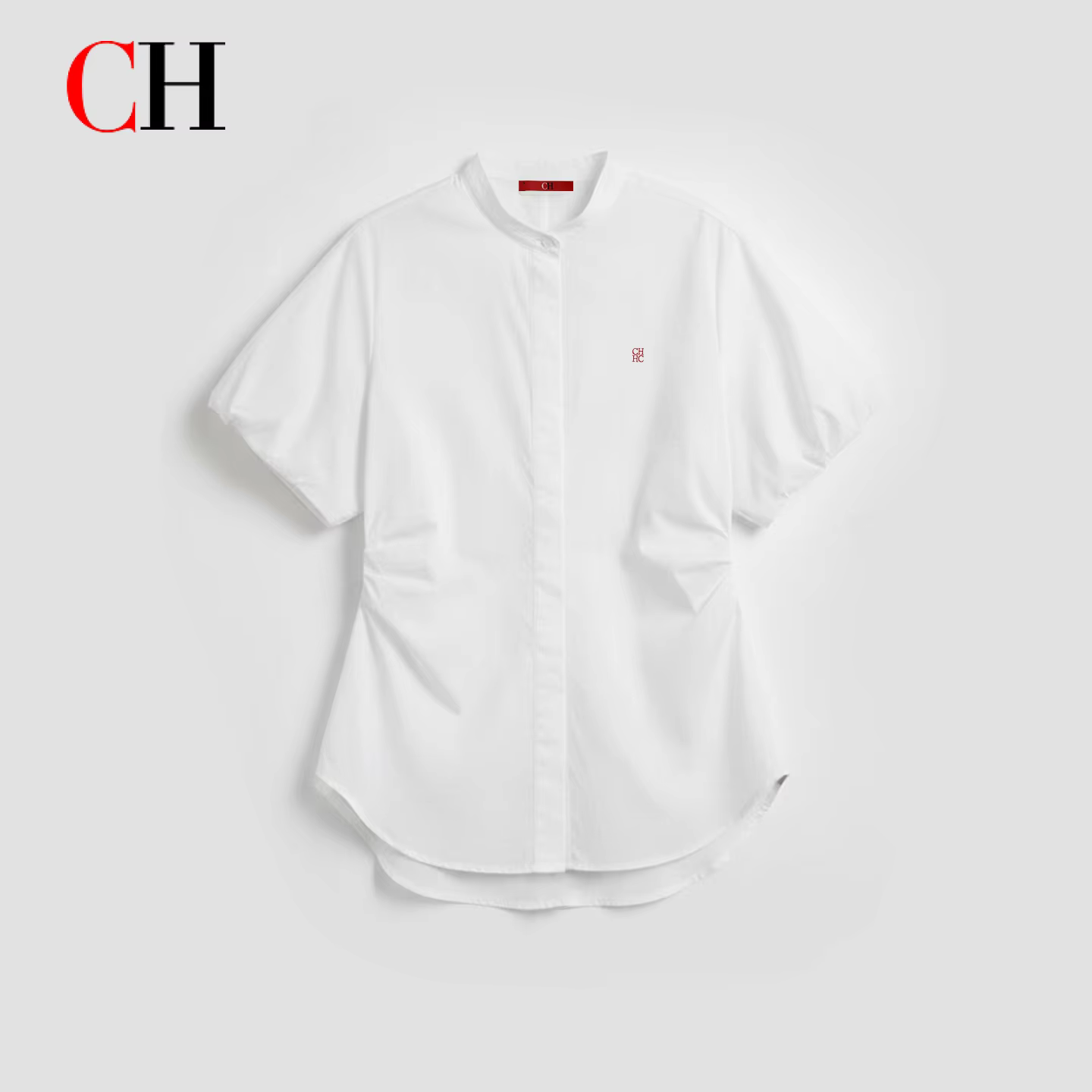 Chemisier Femme à Col Mandarin et Manches Bouffantes Brodé du Logo CH Rouge sur la Poitrine Gauche –