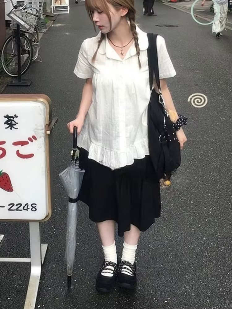 Chemisier japonais vêtements pour femmes à manches courtes col claudine chemises blanches 2025 Blusa