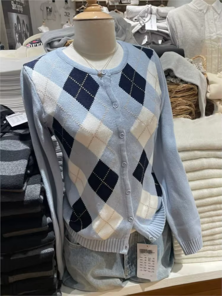 Diamant Jacquard bouton pull manteau femmes automne nouveau décontracté mince coton col rond décontr