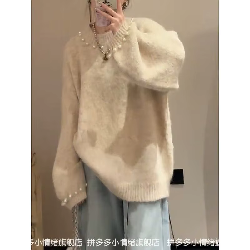 Pull à col rond et perles Beige français pour femme, pull Mohair, printemps et automne, 2025
