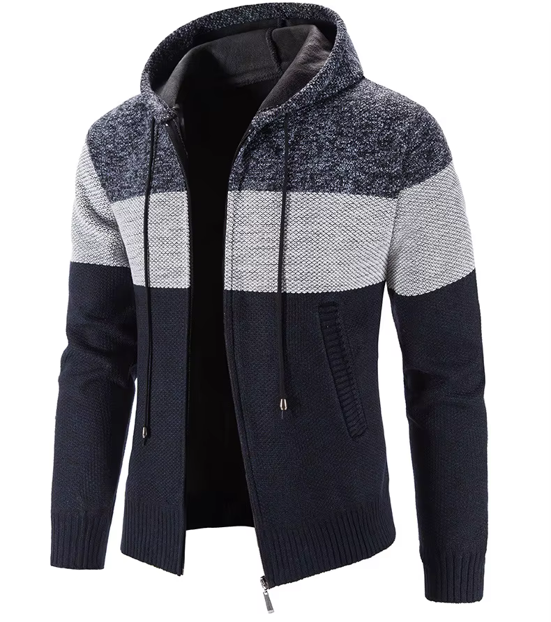 Cardigan à Capuche pour Homme, Vêtement Confortable et Chaud, Style Patchwork, Fermeture Éclair, Loi