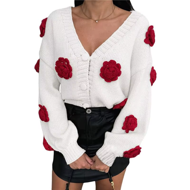 BTLIFE - Cardigan court à fleurs pour femmes, automne hiver, décontracté, tricot floral, veste, bout