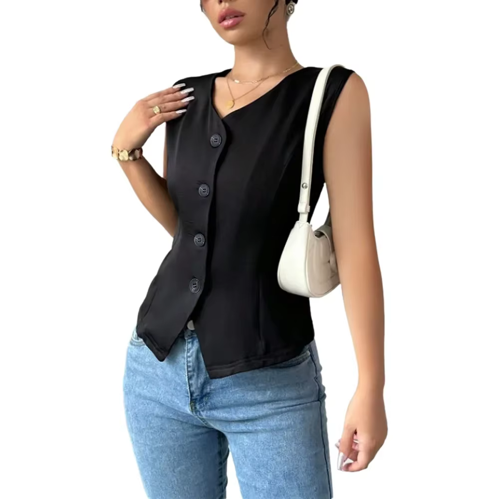 Gilet pour femme Printemps-Été Noir Col en V Boutons sur le devant Coupe ajustée Ourlet asymétrique