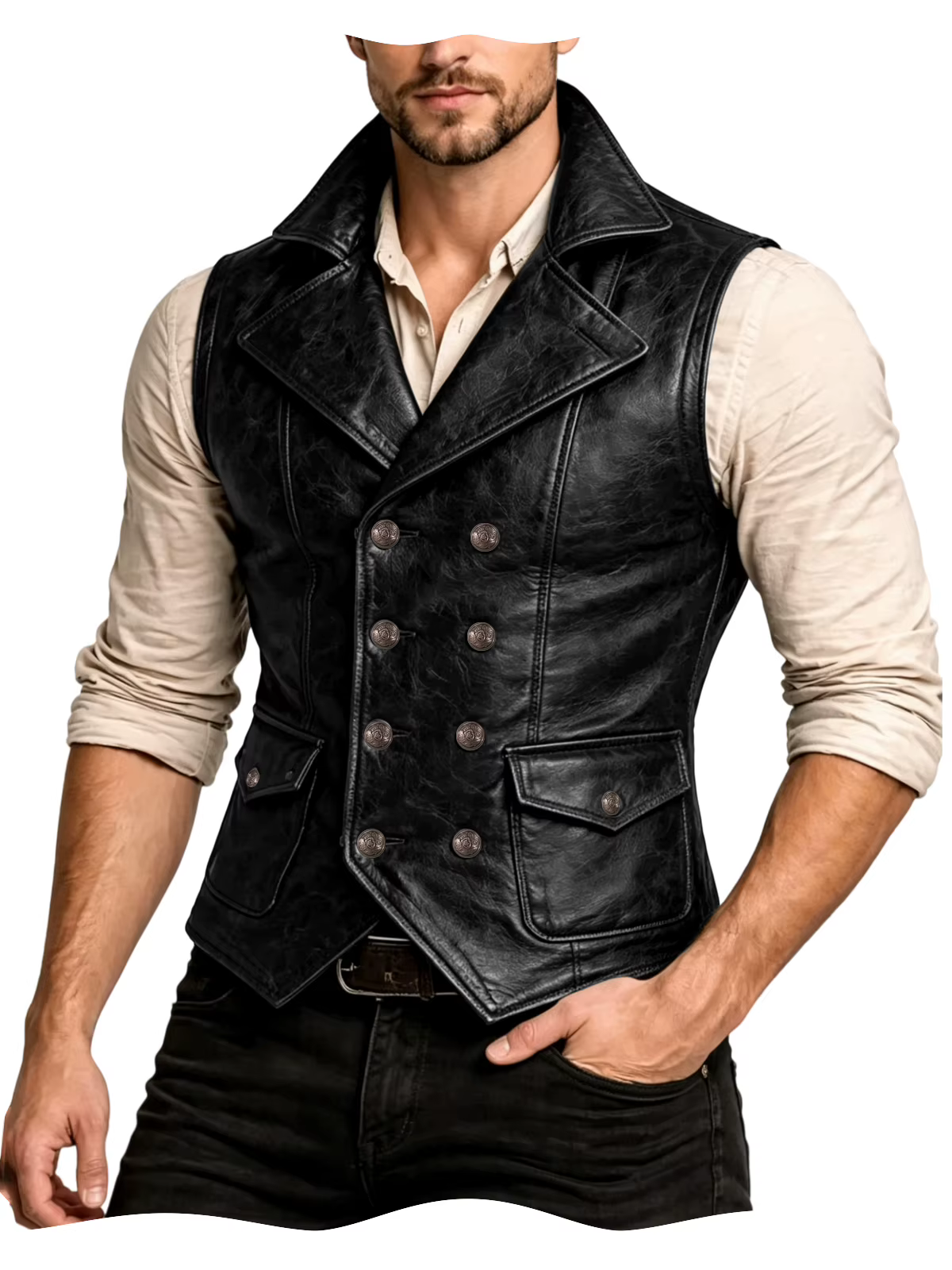 Gilet en cuir pour homme, style vintage western, coupe ajustée, double boutonnage, col à revers, san