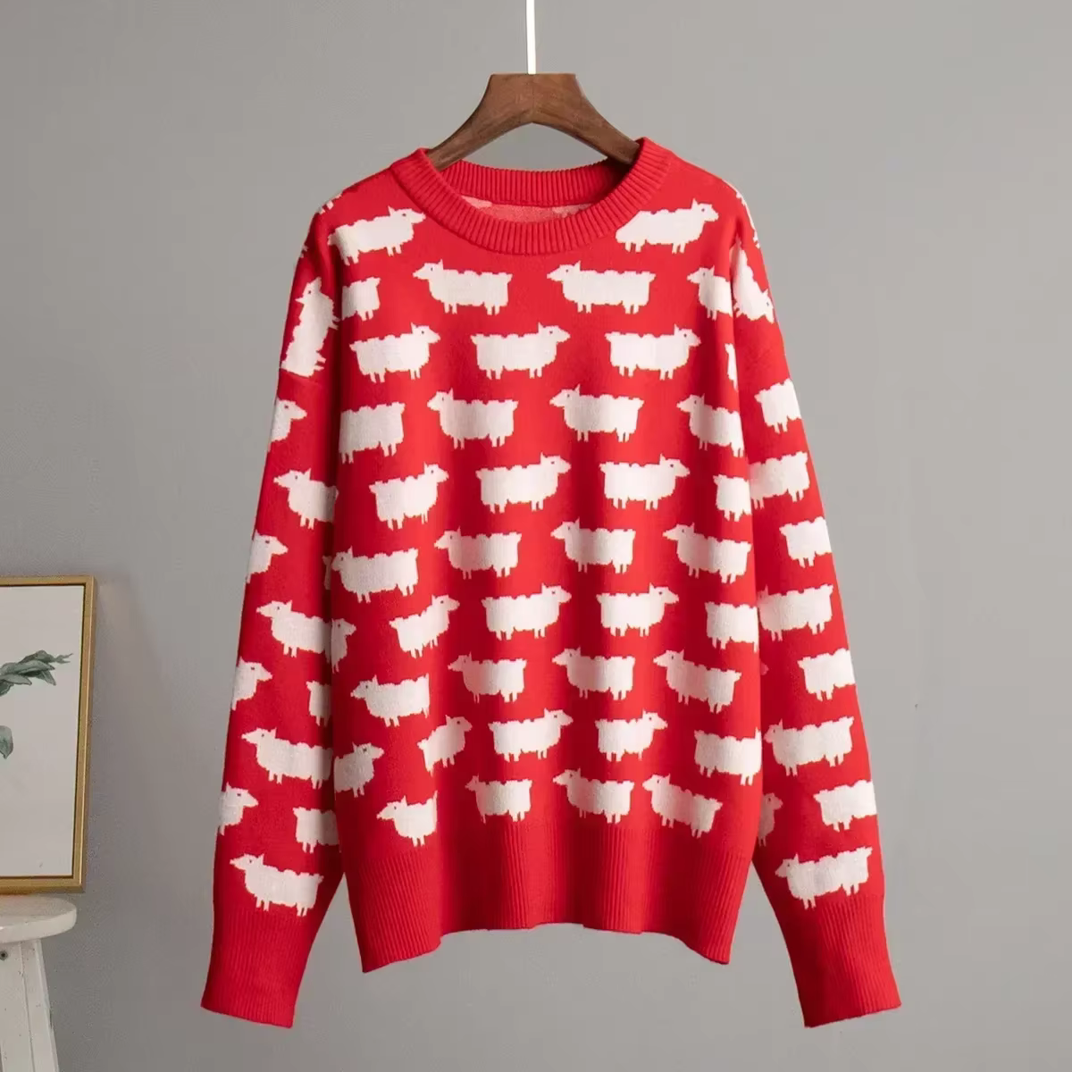 Bornladies-Pull imprimé alpaga à col rond pour femme, pull rétro mi-long, haut chaud, décontracté, a