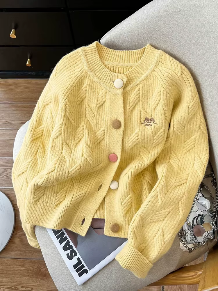 Cardigan jaune doux pour femmes, Vintage, mignon, manches longues, pull tricoté, décontracté, col ro