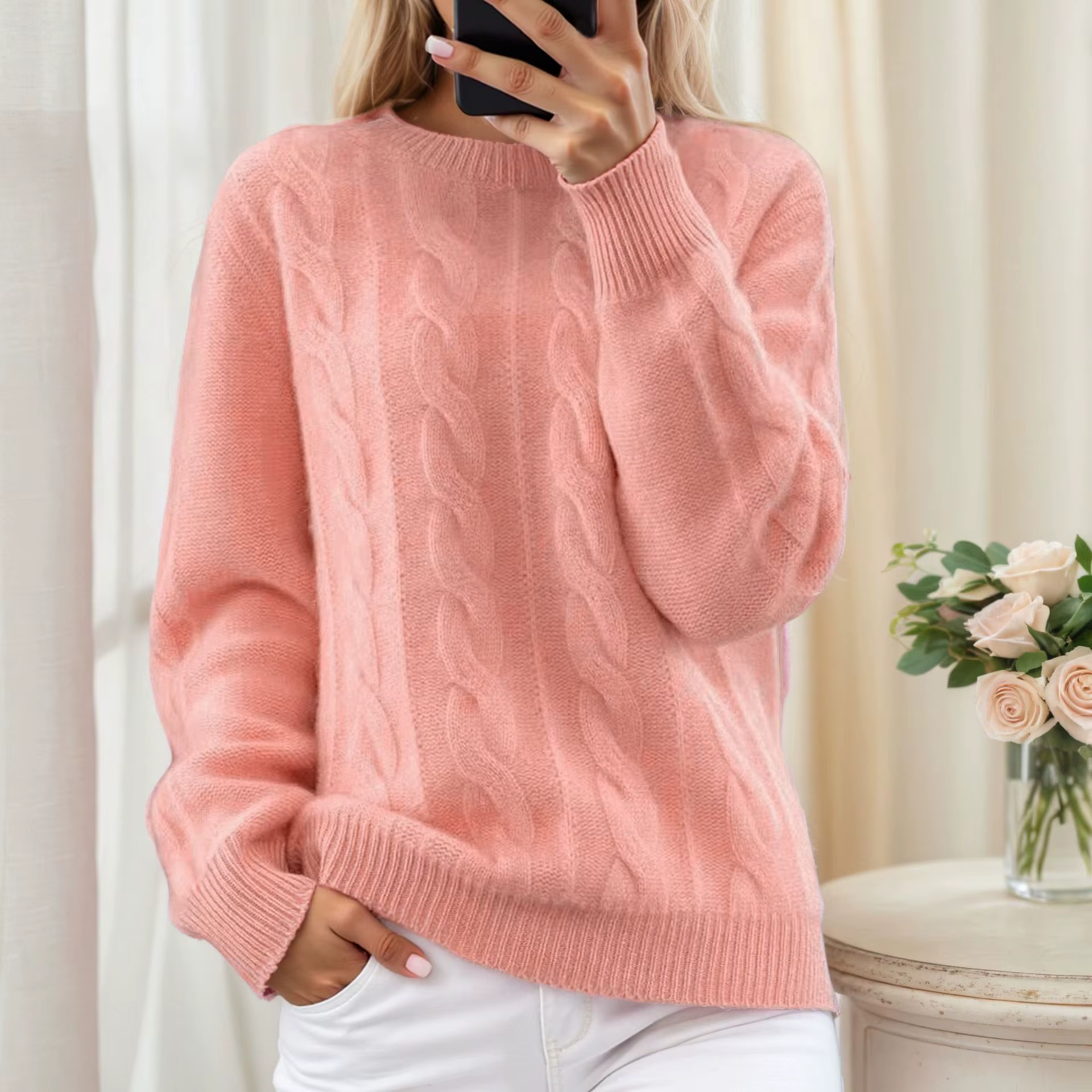 Nouveau Pull Tricoté Jacquard Uni pour Femme Automne Hiver 2026, Manches Longues, Col Rond, Coupe Am